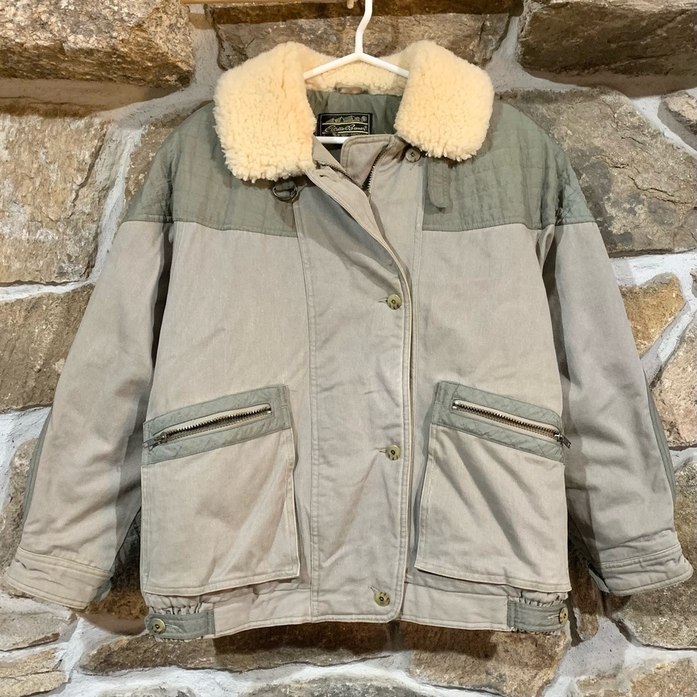 Vintage Eddie Bauer Men's Two-Tone Olive Jacket With Real Shearling Collar